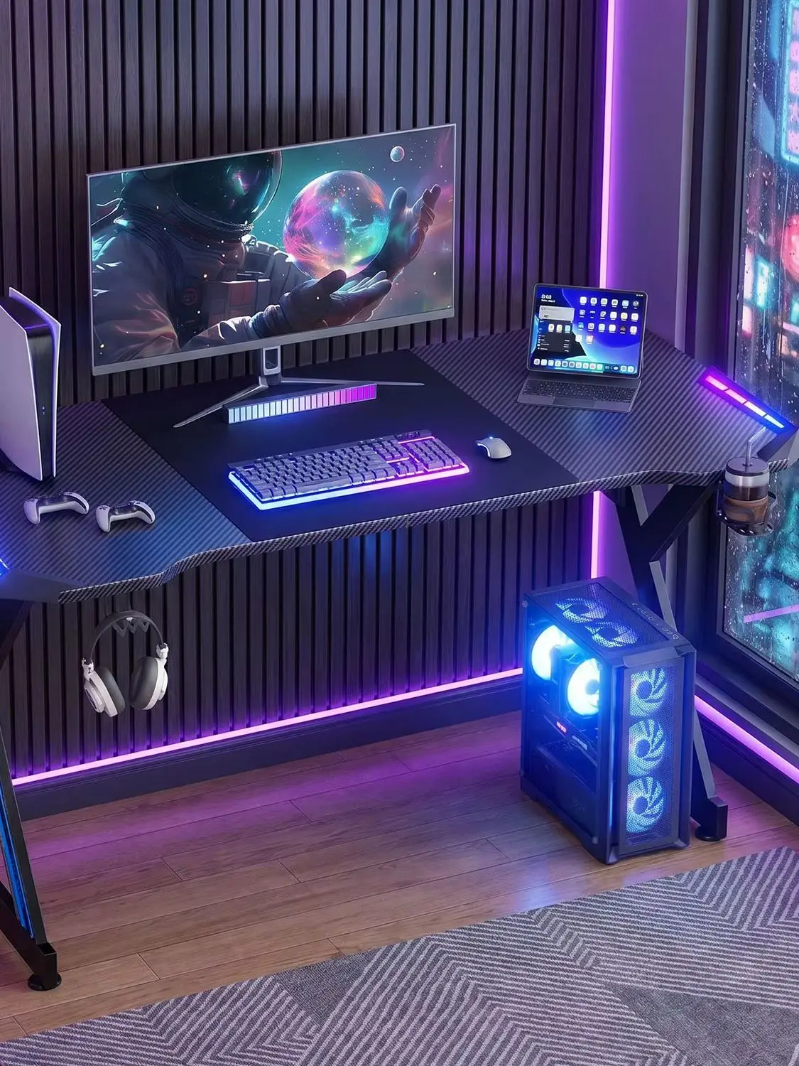 Gaming Desk with RGB LED Lights, Carbon Fiber Surface Gaming Table, Y‑Shaped Game Computer Desk with Cup Holder & Headphone Hook, Adjustable Leveling Feet for Home Office Gaming Room