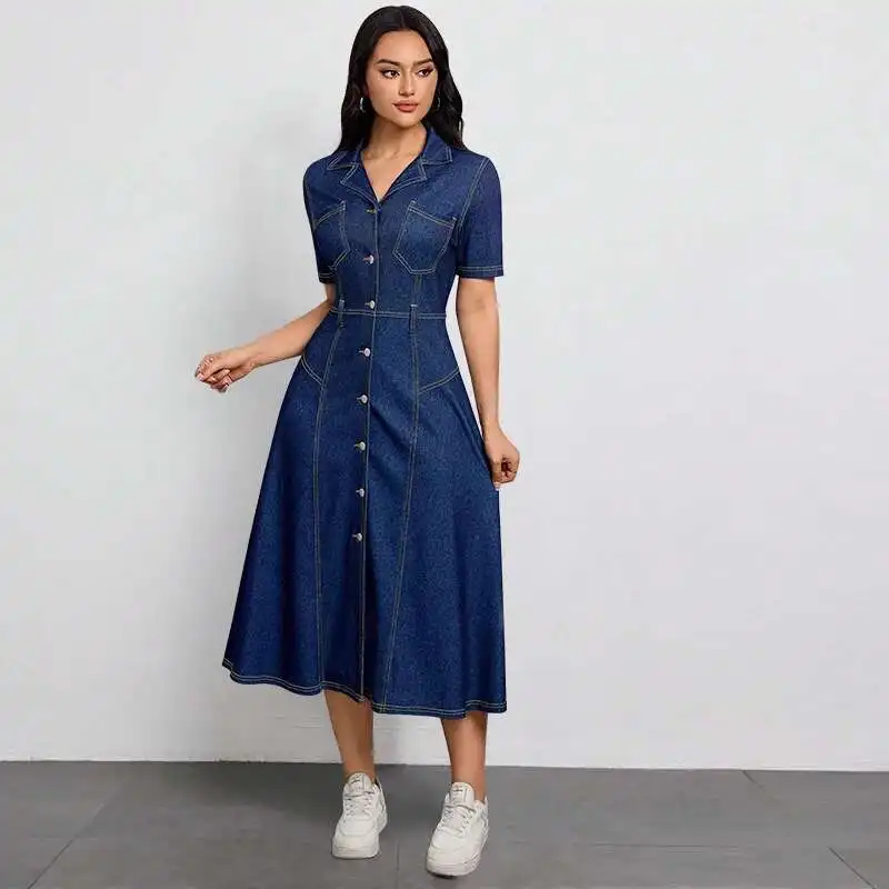 

218666 Women's New Denim Waist Cinched Spring and Summer Thin Style High-end Temperament Anti-aging Dress Vestido Women Party