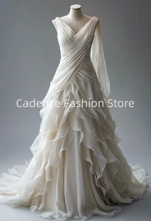 تخصيص 2025 أنيقة الخامس الرقبة فستان الزفاف الشيفون الأبيض الدانتيل متابعة فساتين الزفاف فساتين الزفاف متعددة الطبقات