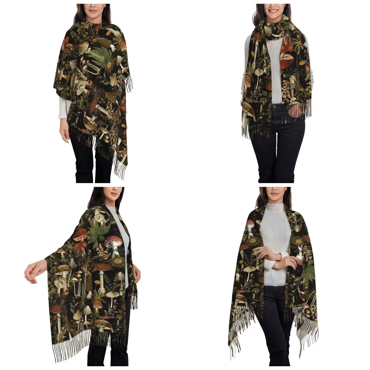 Midnight Mushrooms Forest Botanical Night Garden Scarf Tassel Scarves for Women  Shawls and Wraps Long Fall Winter Shawl Wrap
