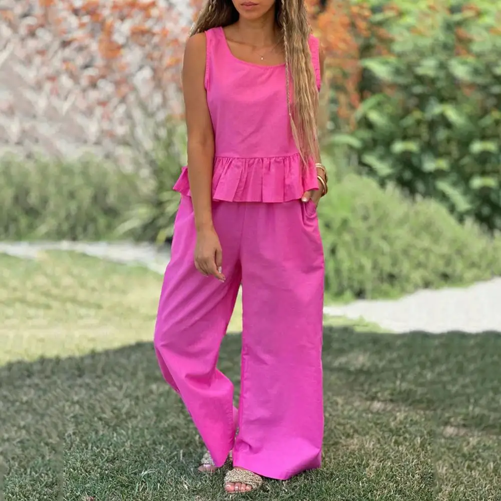 Summer Women Clothes Chic Pleated Ruffle Women's Top Pants Set Sleeveless Loose Vest Wide Leg Trousers with Side for Daily