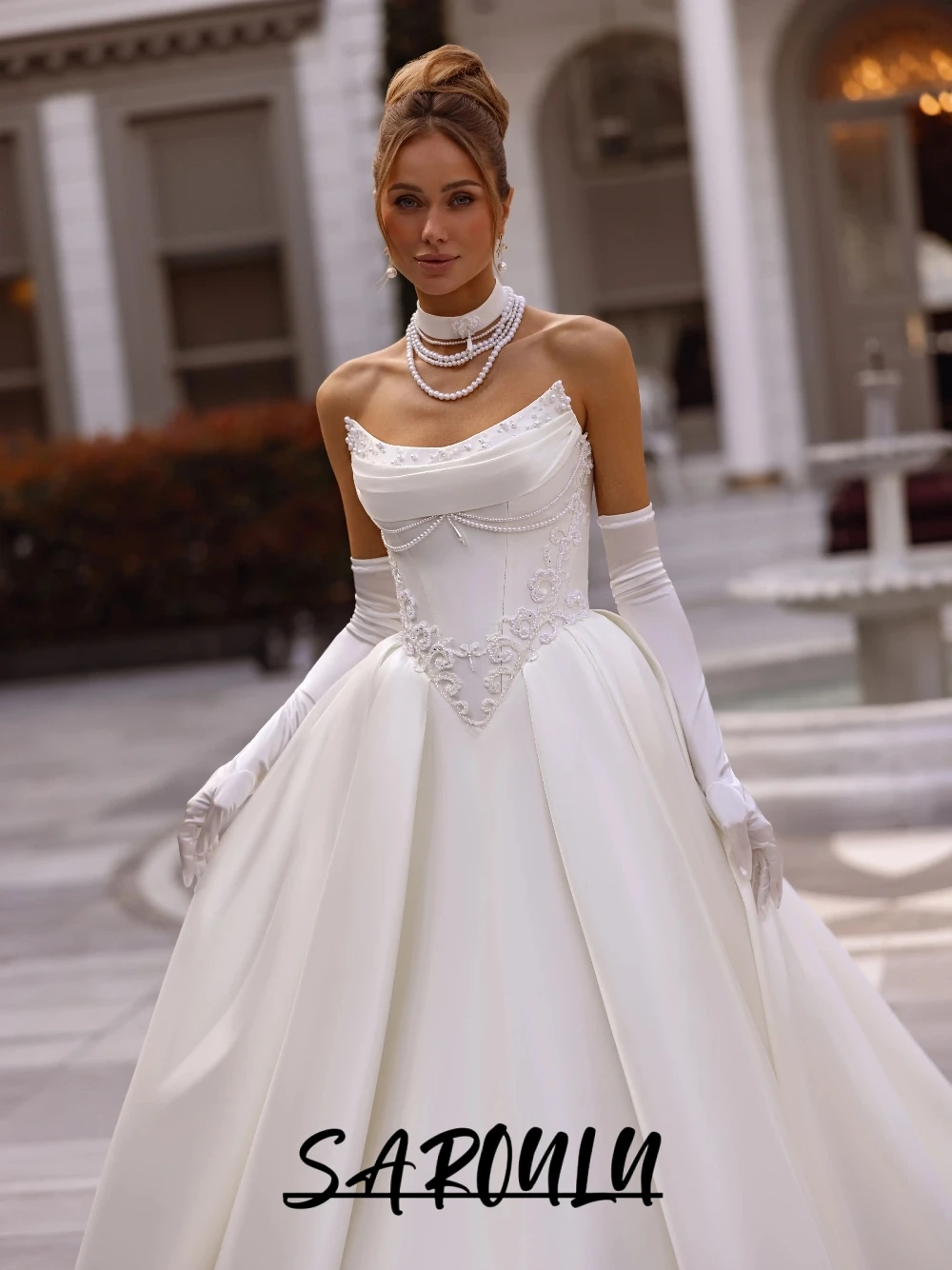 

SAROULU Flowing Satin Ball Gown Wedding Dress Princess Strapless Pearls Graceful Court Train Customzied Bride Wear No Gloves