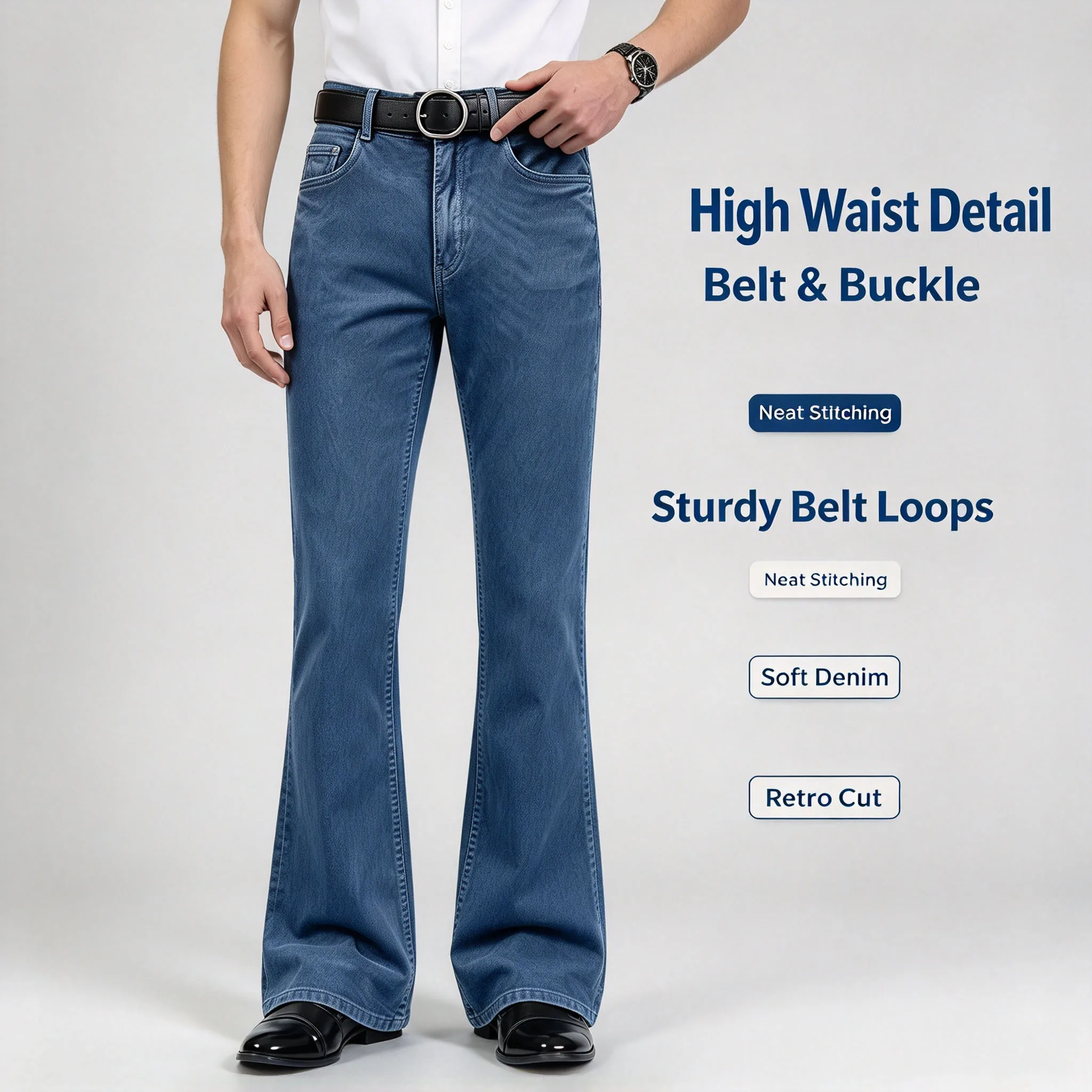 Men's Flared Jeans Wide Leg Denim Pants Slim Fit Retro 70s Style Bootcut Jeans Business Casual Dress Office Trousers