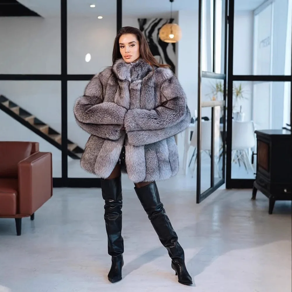 الشتاء فو الثعلب الفراء معاطف للنساء سميكة الدافئة السترات الصلبة مخطط الوقوف طوق كم طويل الجبهة زر مستقيم عادية 2025 #1