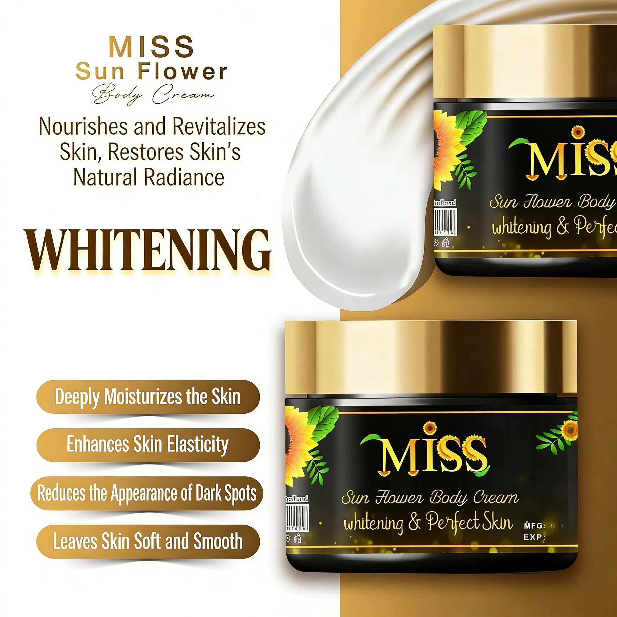 KEM BODY MISS Body Lotion Natural Sunflower Extract Repairs Dullness Rapidly Absorbs Brightens Evens Skin Tone Smooths Firms