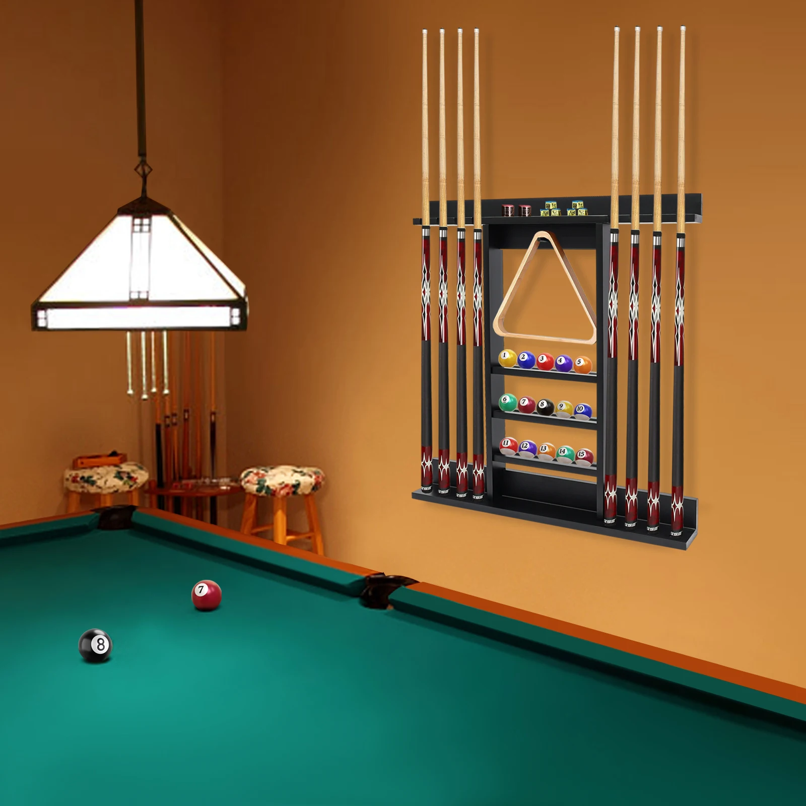 

Wall Mount 8 Pool Cue Rack Billiard Accessories Oak Wood Stick Organizer