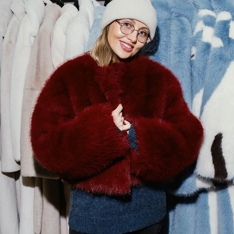 Neo Mint 2025 Ancora Red Christmas New Year Fur Coat Women Cropped Faux Fox Fur Jacket Chic Trendy Fluffy Furry Outerwear Female