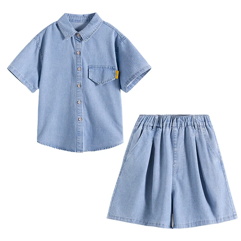 1-10Y Girls short-sleeved suit 2024 summer new thin children's denim jacket shorts two-piece set 120-170cm