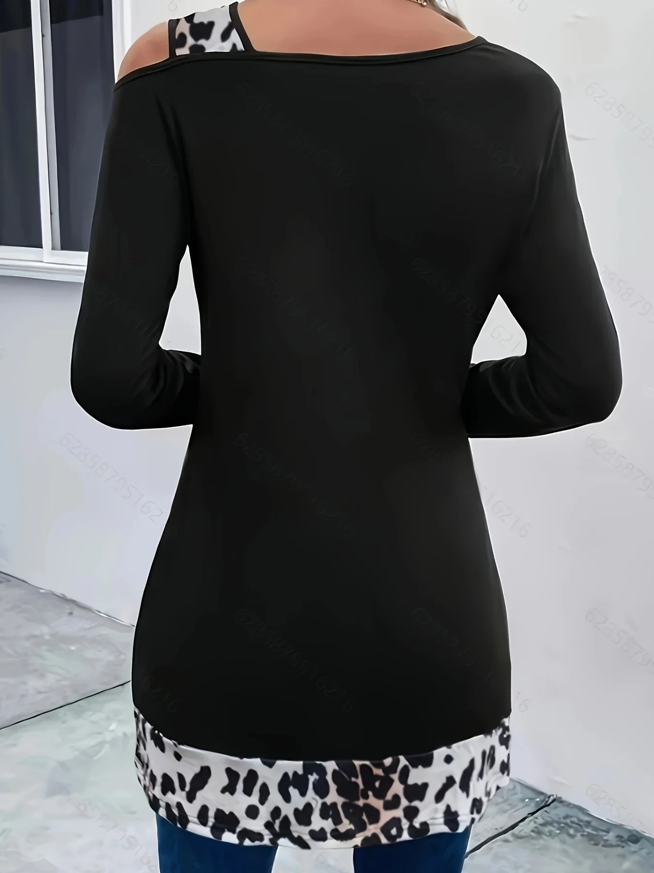 เสื้อยืดแขนยาวแฟชั่นผู้หญิงไซส์ใหญ่ 1XL-5XL แบบเปิดไหล่ แต่งสีตัดกัน เสื้อผู้หญิงลำลองแขนยาว เสื้อเชิ้ตตัวบน