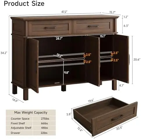 48 Inch Buffet Cabinet with Storage, Farmhouse Sideboard Buffet w/2 Drawers and 3 Doors, Wood Coffee Bar Cabinet with