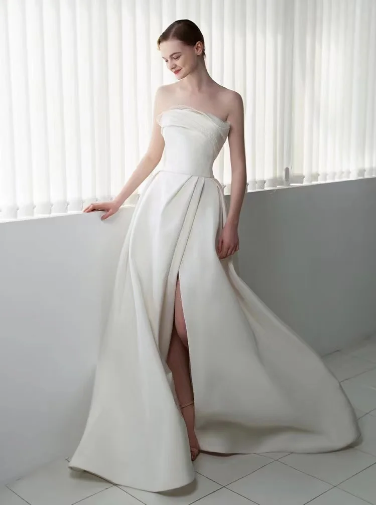 French Luxury White Satin Strapless Wedding Dress Elegant Sexy Long Prom Party Dress for Women Bride Trailing 2026