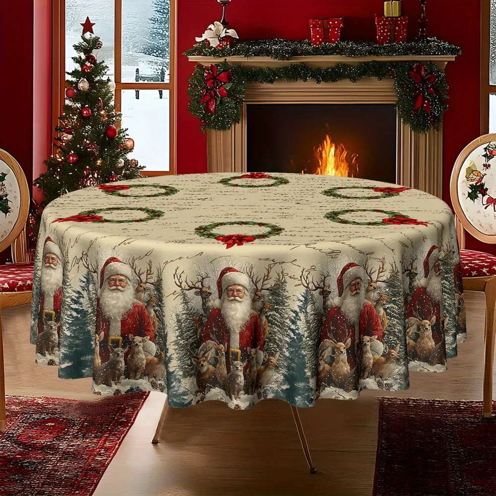 2D print, single-piece Christmas retro Santa reindeer print round tablecloth