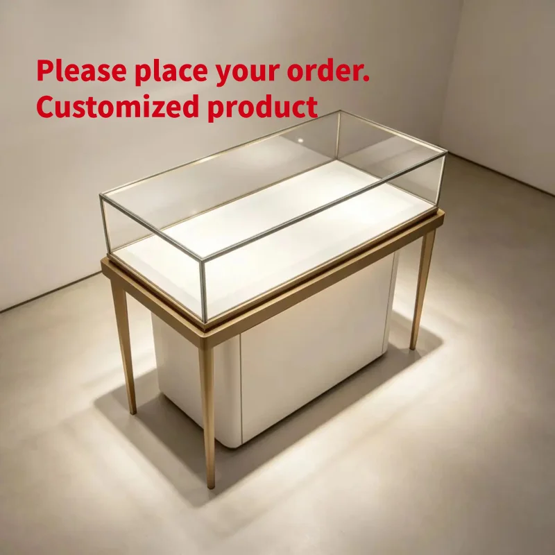 custom.Wood Jewelry Display Cabinet Glass Top LED Lighting Durable Construction Customizable Shelves Retail Stores Luxury Ma