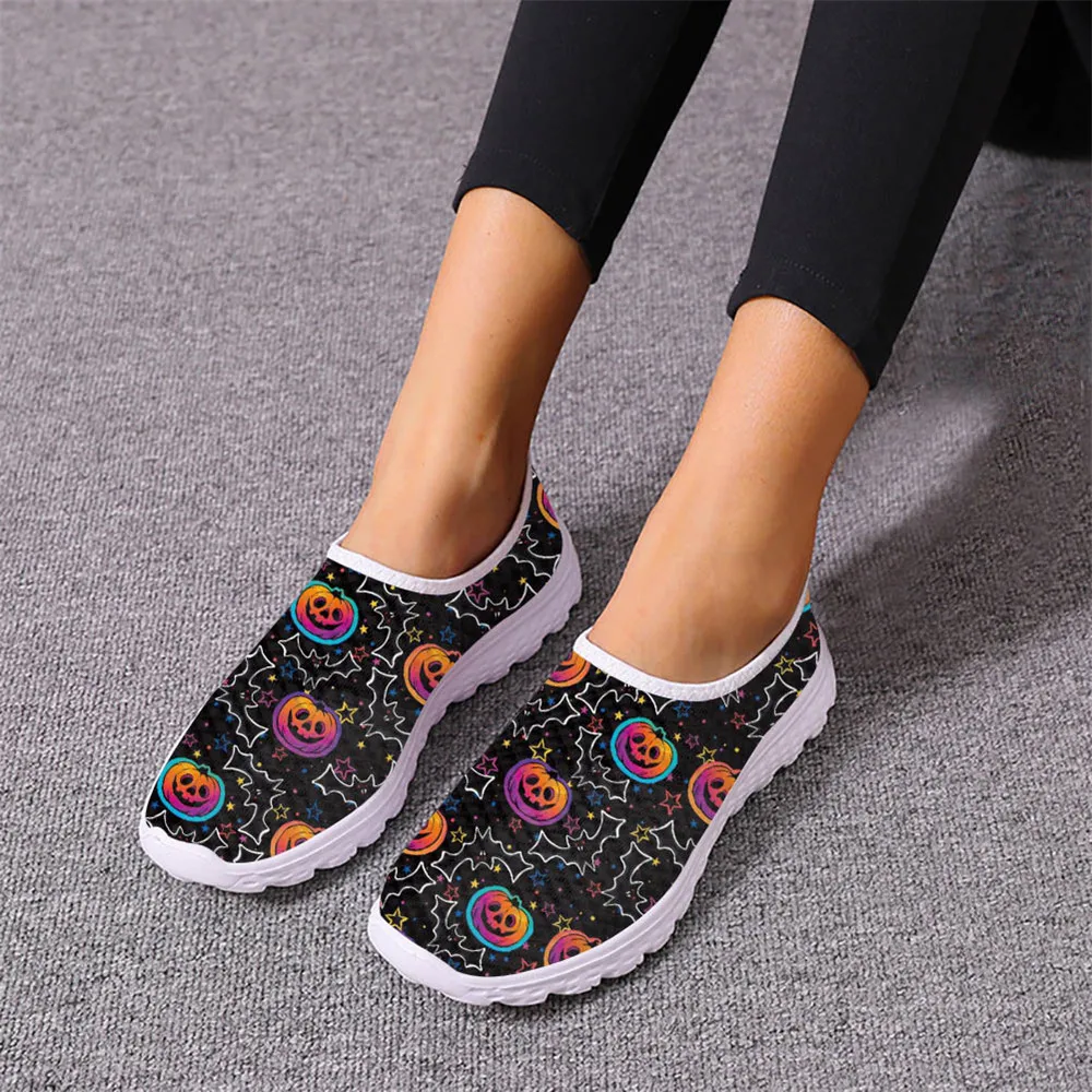 Halloween Gift Bat Pumpkin Mushroom Moon Print Women Spring Autumn Tennis Shoes Dirt Resistant Shock Absorption Casual Sneakers