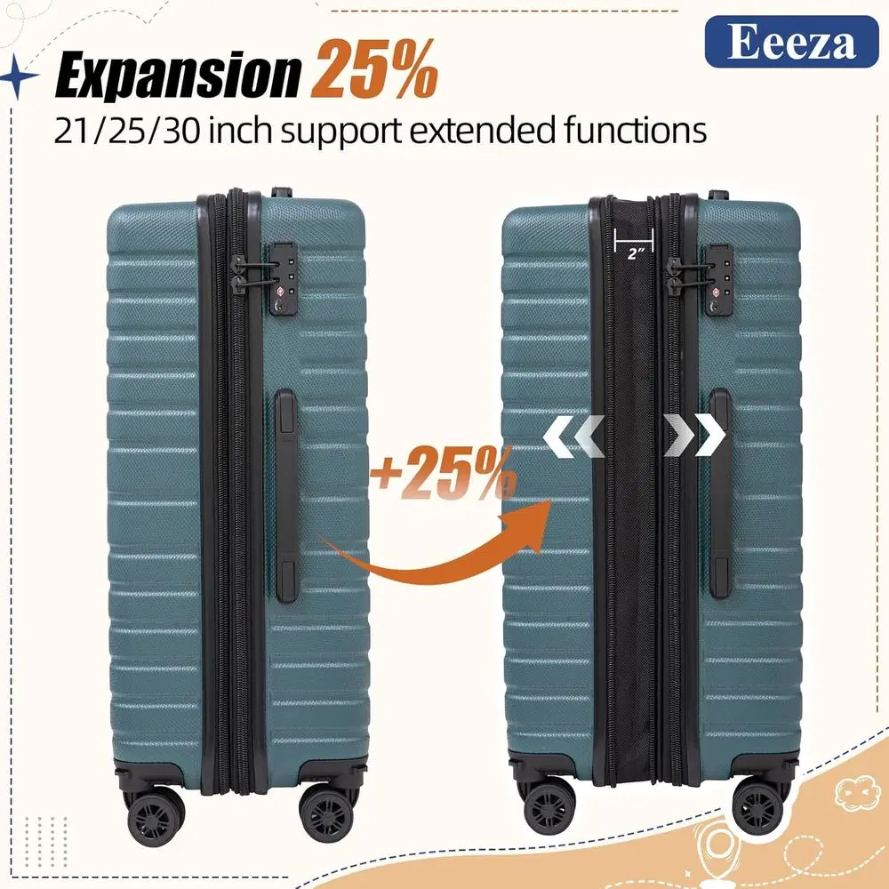 5-Piece Expandable Luggage Set: 21, 25, 30 ABS Hard Shell Suitcases with TSA Lock and Spinner Wheels - Dark Green