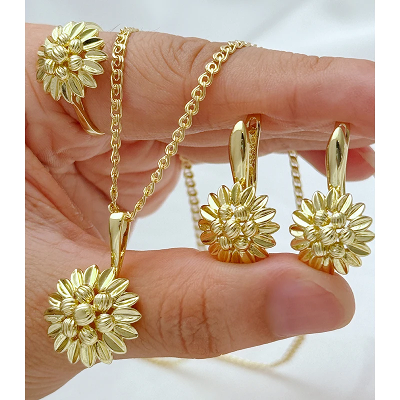 Kinel Hot 14K Real Gold Plating Necklace Earrings Ring for Women Unique Pattern Ethnic Bride Accessories Vintage Jewelry Sets