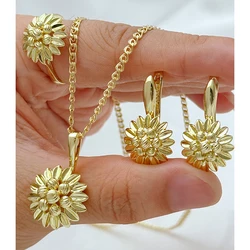 Kinel Hot 14K Real Gold Plating Necklace Earrings Ring for Women Unique Pattern Ethnic Bride Accessories Vintage Jewelry Sets