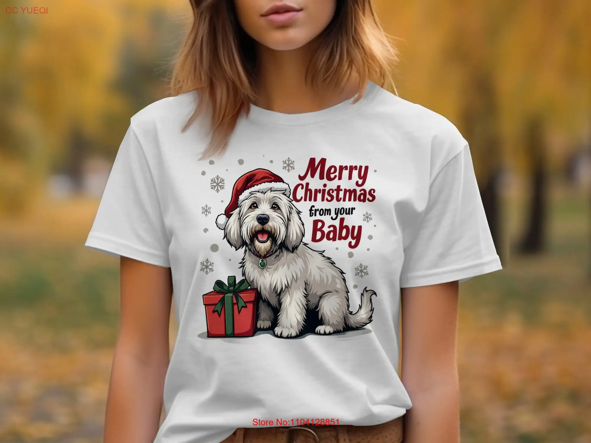 Merry Christmas Shaggy Old English Sheepdog T Shirt Cute Dog Fun Holiday Pet Lover long or short sleeves