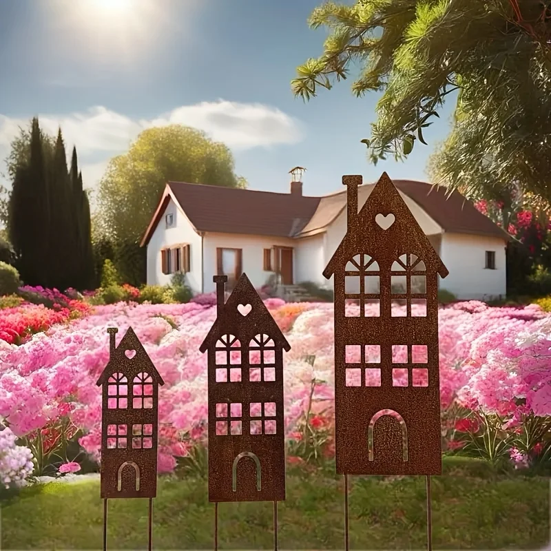 

Three Rusty Metal House Garden Decoration Floor Plug, Rust Style Garden Sign Decoration, Outdoor Lawn Decoration