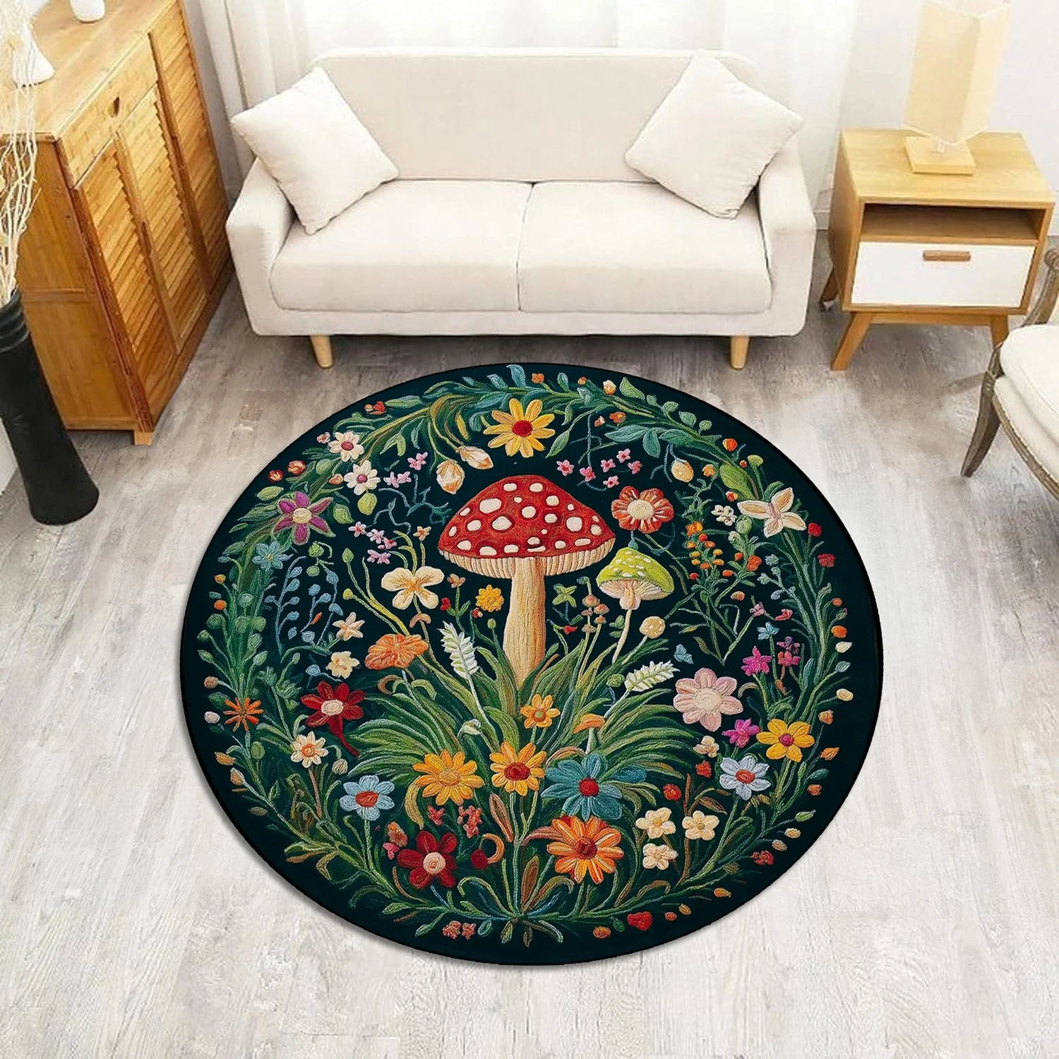 Mushroom and Floral Round Carpet, Pastoral Plant Wonderland Garden Carpet