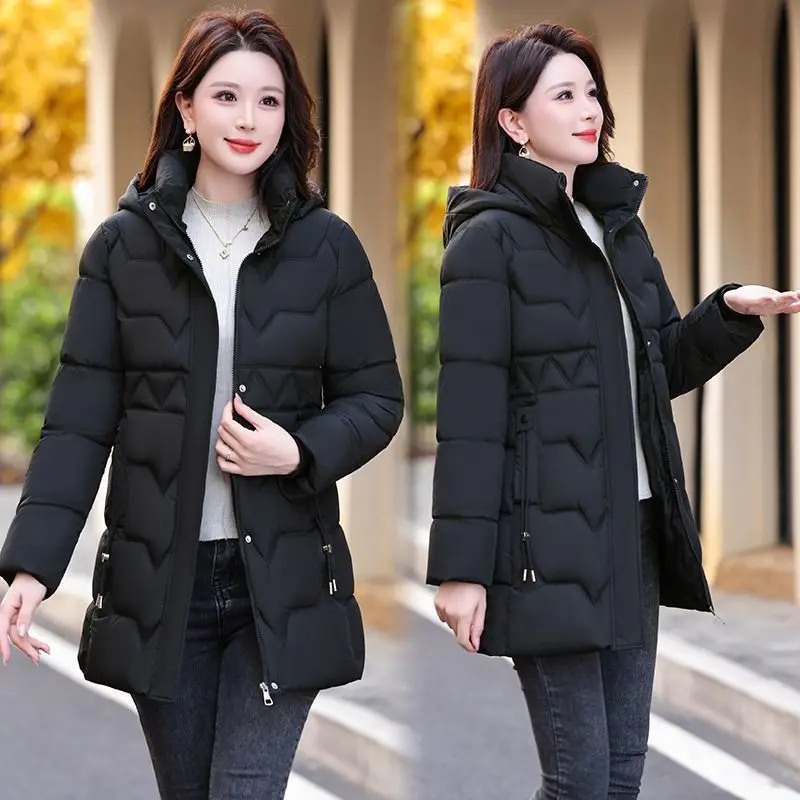 Korean Style Thickened down Cotton Jacket Women's Mid-Length Slim Fit Coat Removeable Hood Warm Outerwear for Winter 2025