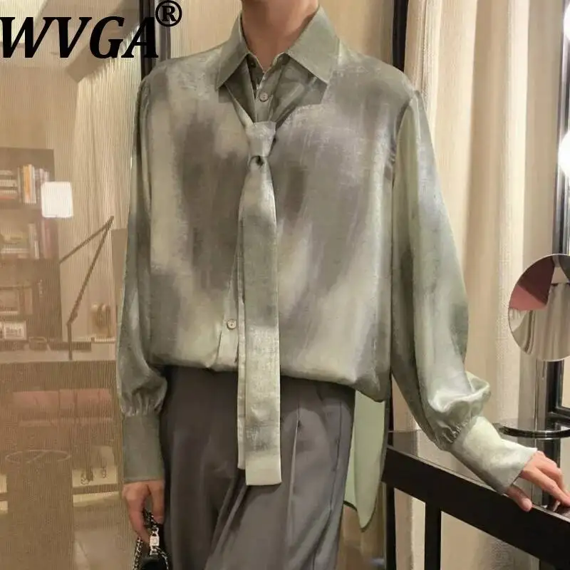 

WVGA Spring Autumn New Men Glossy Satin High-end Stylish Turn-Down Collar Shirt Handsome Tie Design Long Sleeved Tops Ins W24464