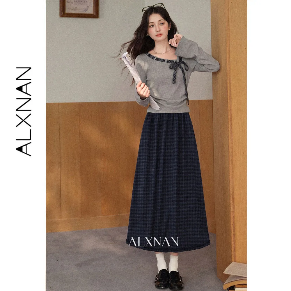 ALXNAN Navy Plaid Midi Skirt Women 2026 Fall High Waist Vintage Elegant Long Skirts Elastic Waist Female Clothing DYL663136