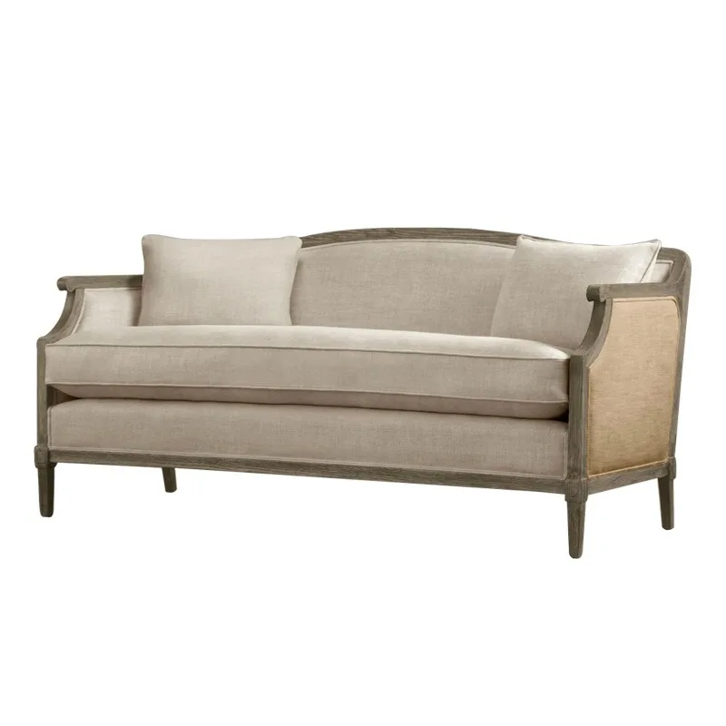 American solid wood old  French antique white linen fabric  living room three-person removable and washable