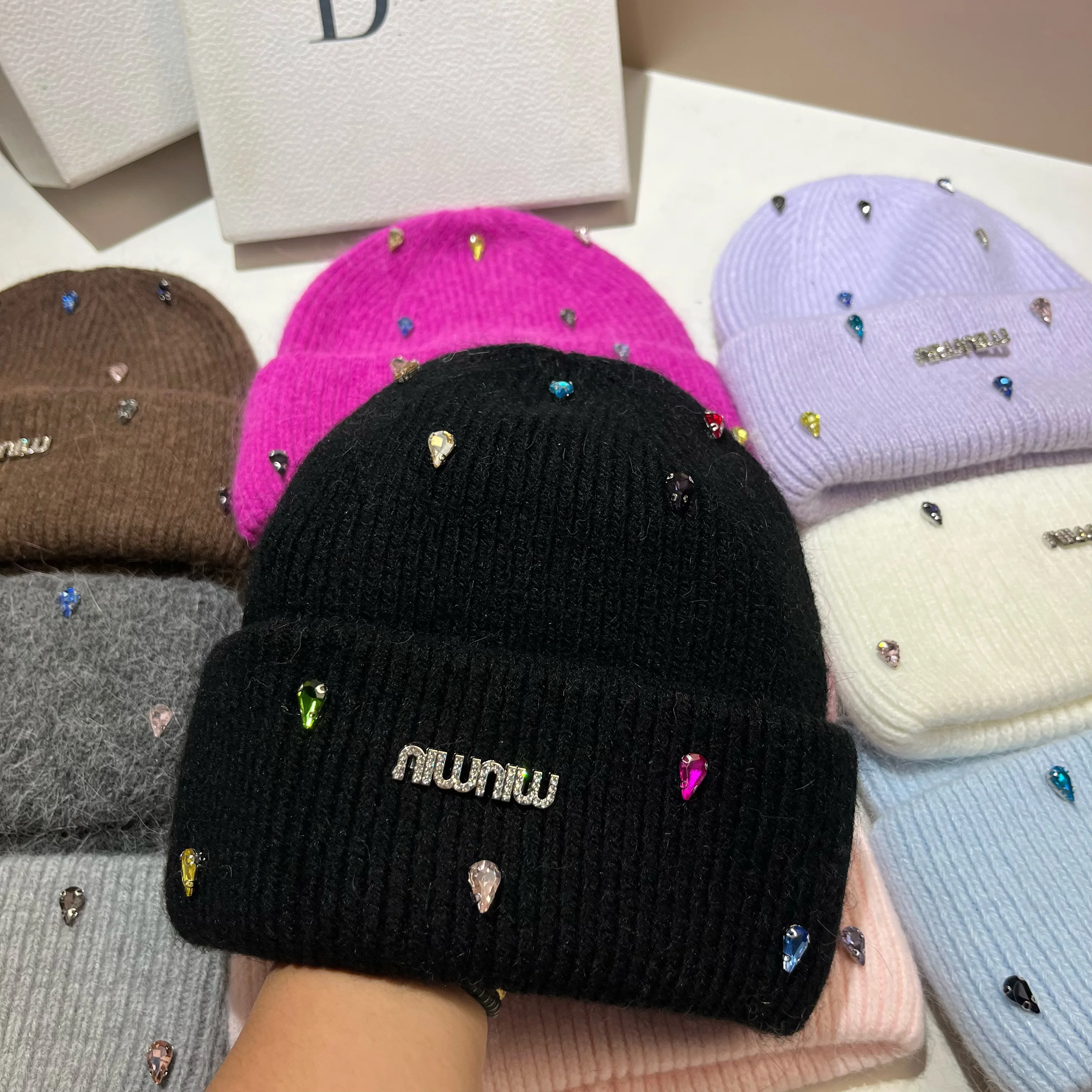 Paris Fashion Colored Water Diamond Rabbit Hair Knitted Hat Winter Thickened Warm Hooded Knitted Hat Sweet Girl Ear Protection H