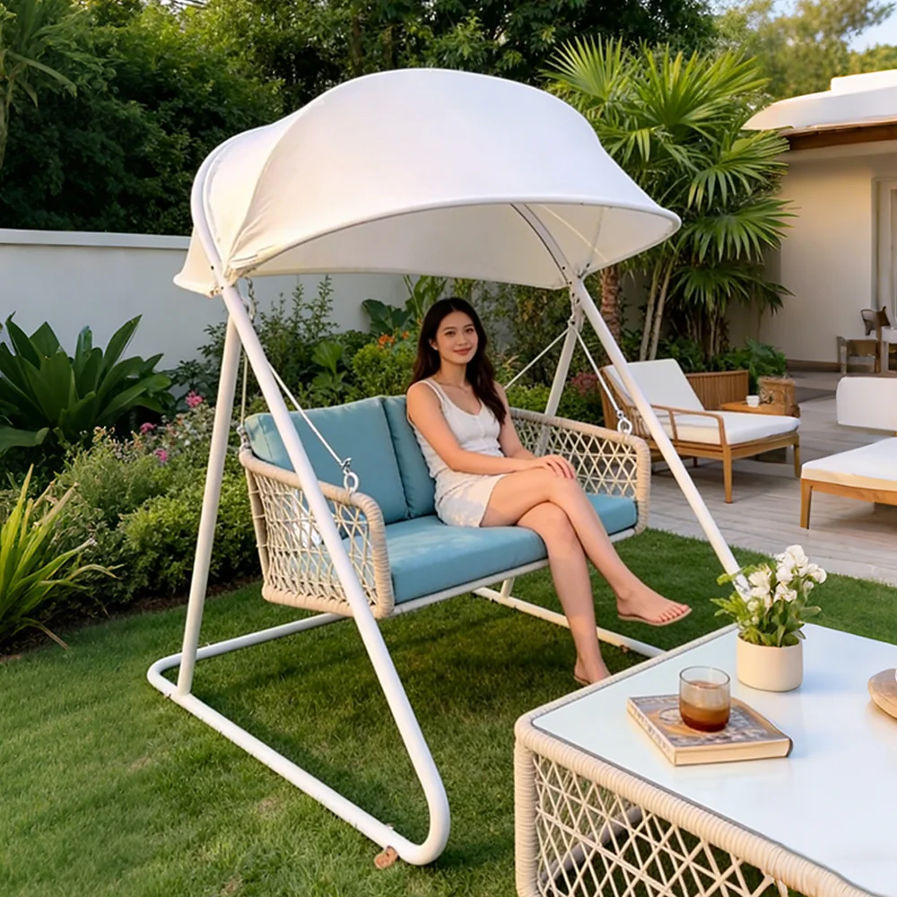 Deluxe Outdoor Swing Chair Garden Terrace Hammock Balcony Patio Aluminum Frame Rope Weaving Waterproof Cushion
