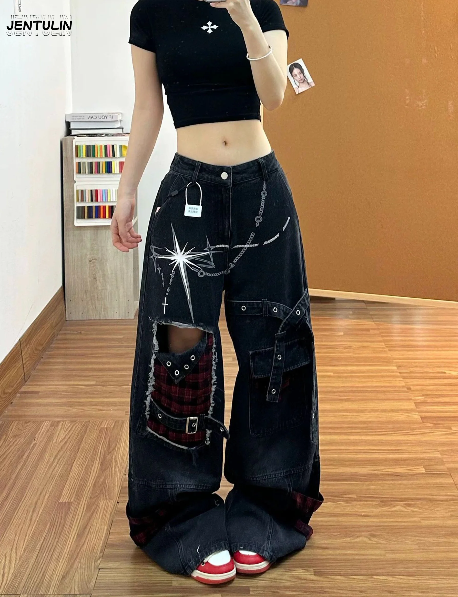 Y2K Punk Wide Leg Jeans Plaid Patchwork Ripped Denim Pants Star Print Buckle Pocket High Waist Baggy Streetwear Casual Trousers