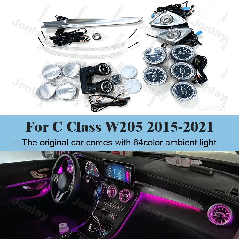 Für Benz C-Klasse W205 Ambientebeleuchtung 64 Farben 2015-2021 RGB LED Auto Atmosphärenlampe Auto-Zubehör Innenraum-Deko Stimmungslicht-Set
