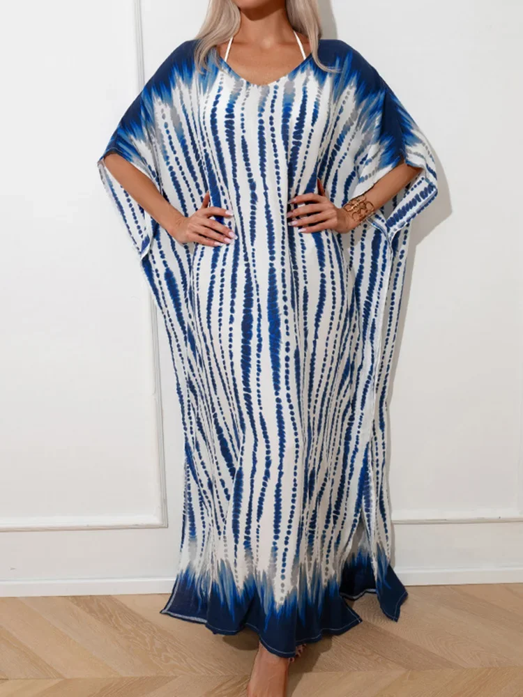 

New Tie Dye Striped Swimsuit Cover-Ups Women Robe Chic V-Neck Plus Size Beach Long Dress Summer 2025 Fashion Beach Cover Up