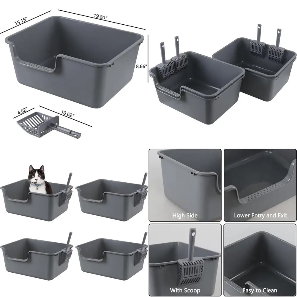 

Большой пластиковый лоток для кошек с открытым верхом и совком, серый, 4 штуки, с высокими бортиками
