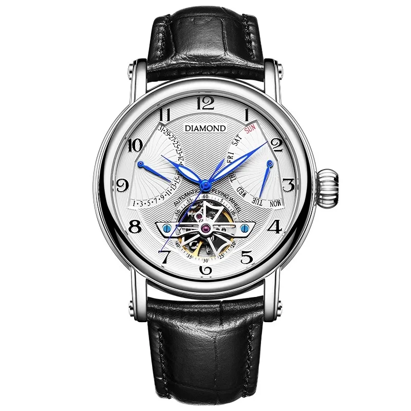 Shanghai Diamond Watch Men's Skeleton Flywheel Automatic Mechanical Watch Calendar Week 3302 Multifunction Men's Watch