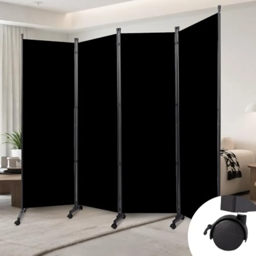 

4 Panel Room Divider 88 inch Wide Portable Privacy Screen with Wheels Metal Frame Freestanding Room Separator for Home Office L