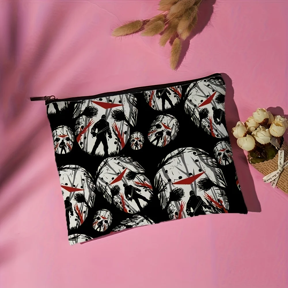 Una bolsa de maquillaje para máscaras de miedo de Halloween: bolsa multifuncional con cremallera, bolsa de almacenamiento de joyas, pequeña bolsa de almacenamiento con cremallera de viaje perfecta.