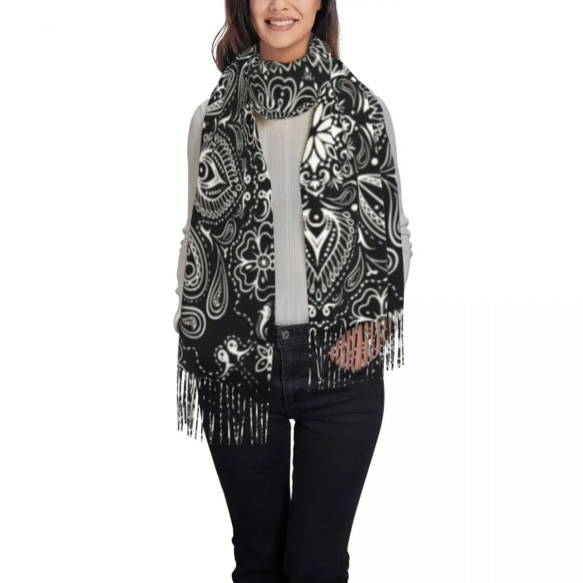 Classic Bandana Style Black Tassel Scarf Women Soft Paisley Pattern Shawl Wrap Female Winter Fall Scarves