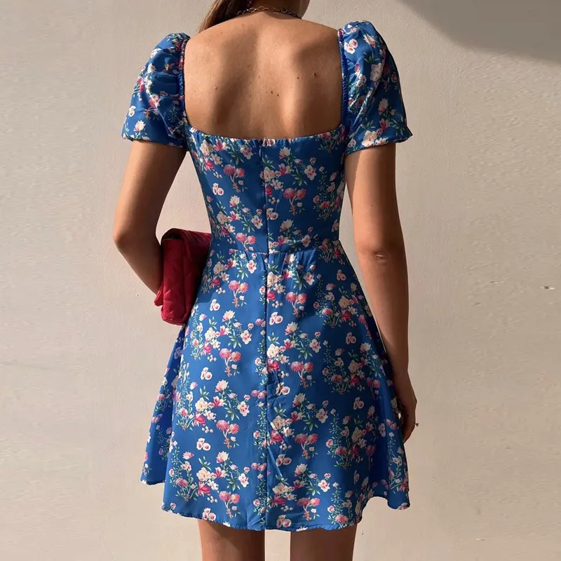 Concerky-Robe imprimée florale de style français pour femmes, manches bouffantes, mini robe décontractée, corset sans bretelles, été, 2024