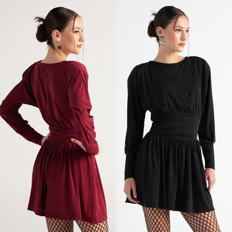 

Solid Color Vintage Elegant Long-Sleeve Dress Chic Waist-Cinching Pleated Mini Skirt New Stylish High Street Women Autumn Dress