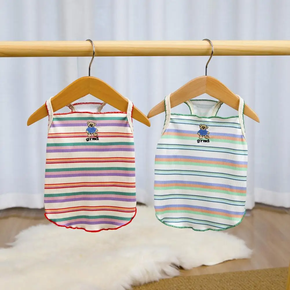 Soft Fabric Dog Tee Pet Shirt Colorful Striped Dog T-shirt Breathable Pet Tank Top Cute Bear Embroidered Summer Wear for Small