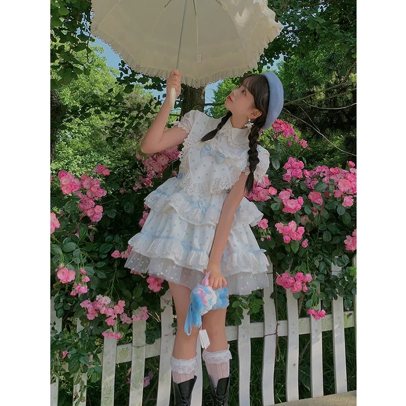 Faldas de verano estilo Harajuku japonés para chica, faldas con lazo de punto de onda de amor rosa, temperamento Kawaii de Lolita, novedad