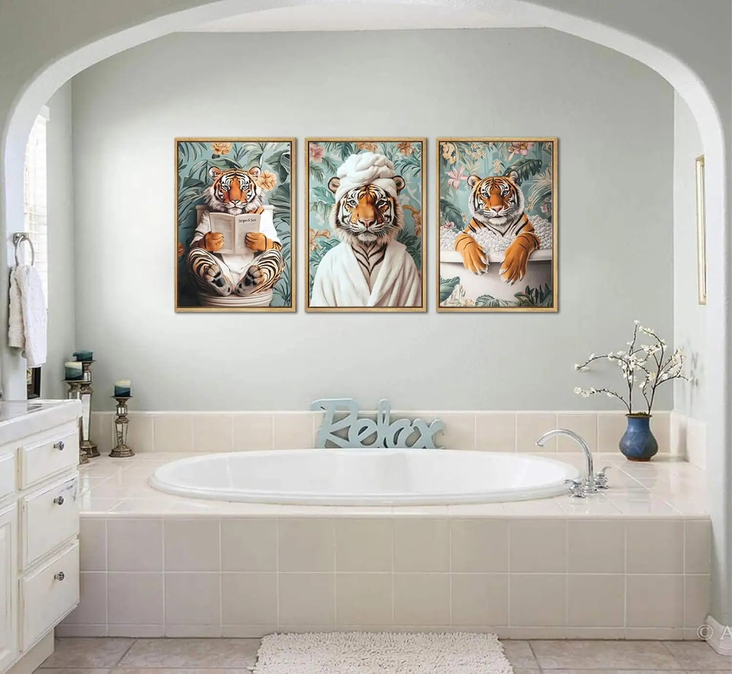 

3pcs Bathroom Tiger Canvas Wall Art Bohemian Tropical Plant Reading Newspaper Toilet Poster Printing Animal Bathtub Decoration