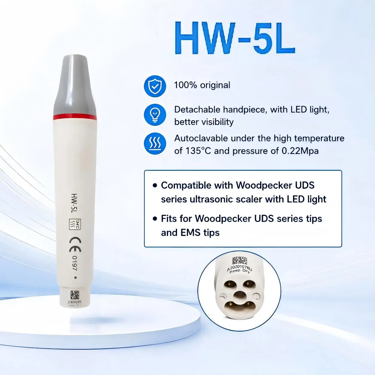 Woodpecker Dental Ultrasonic Scaler Handpiece HW-3H HW-5L Compatible with EMS Piezo Scaler 135℃ Autoclavable