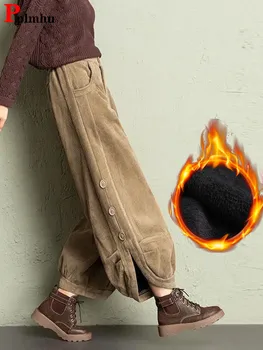 מכנסי קורדורוי חורפיים עם פתח קטיפה, מכנסי הארם וינטאג' בגזרה רחבה וחמימה לנשים, מכנסיים קז'ואליים במותן גבוהה ועבים באורך הקרסול