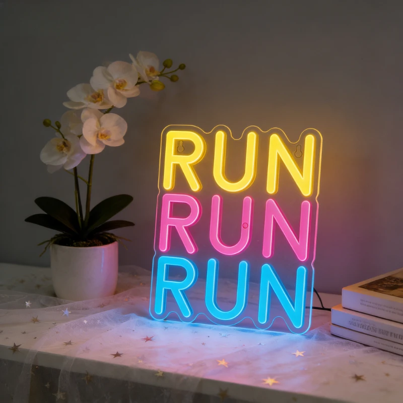 

Светодиодная неоновая вывеска RUN RUN RUN с USB-питанием и регулировкой яркости для декора стен дома, спортзала, студии, комнаты для йоги, гаража, коридора, подарки