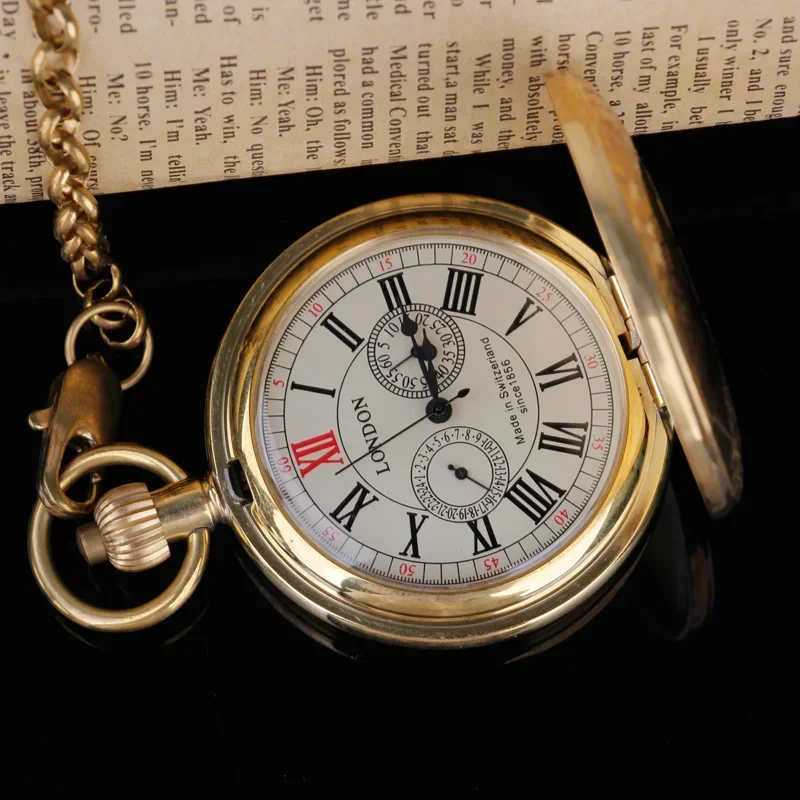 Antique Copper London 1856's Antique 5 Hands Mechanical Pocket & fob Watches Hand Winding Golden Mens Pocket Watch 30cm Chain