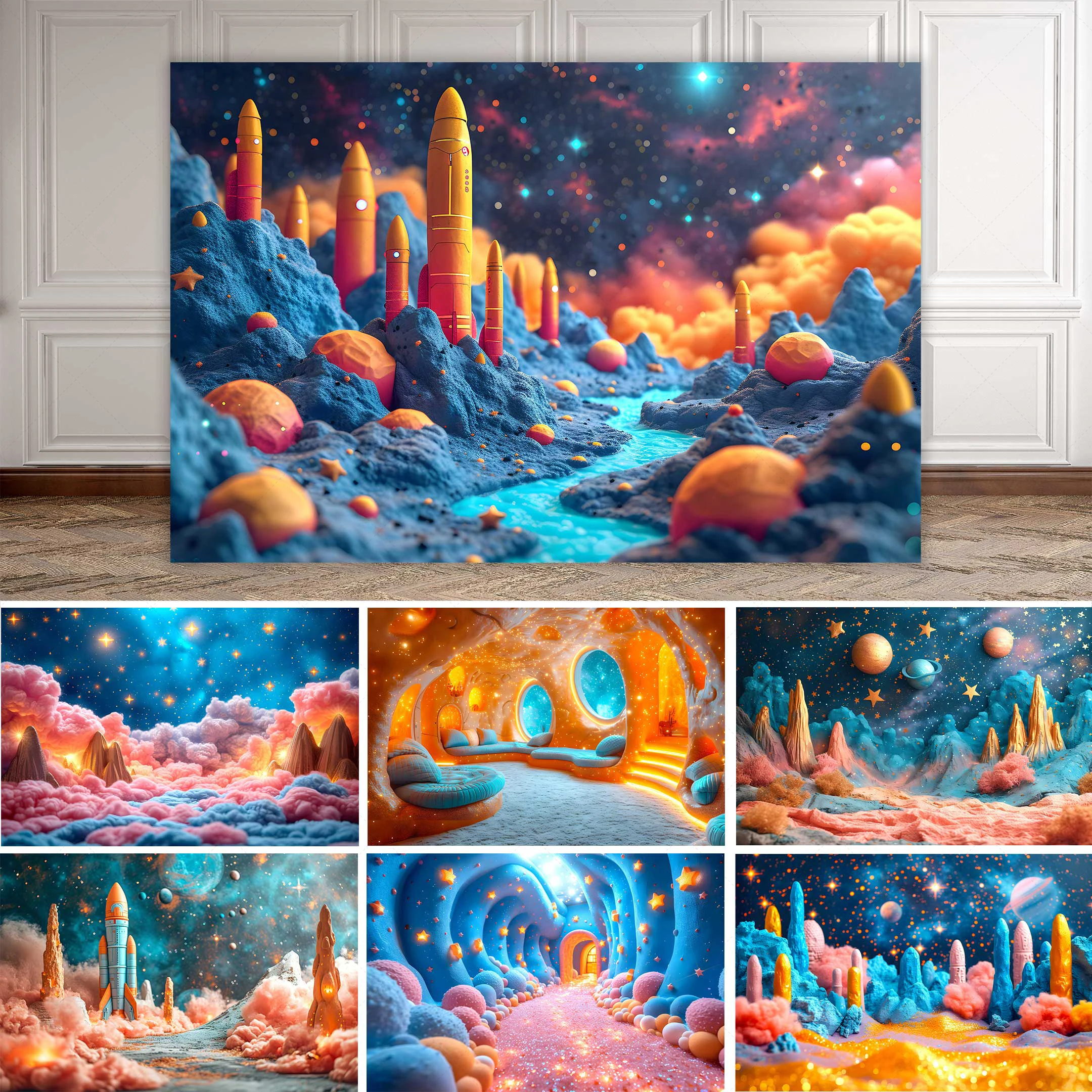 

Space Adventure Theme Background Cloth Spaceship Starry Sky Scene Room Decoration Birthday Party Photography Studio Layout Props