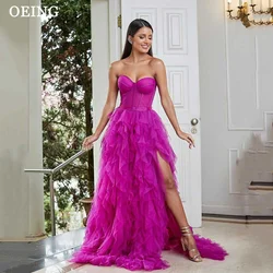 OEING Fucsia Fairy Party Dresses Sweetheart Strapless Ruffles Side Split Tulle Tiered Prom Gowns Formal Occasion Evening Dress