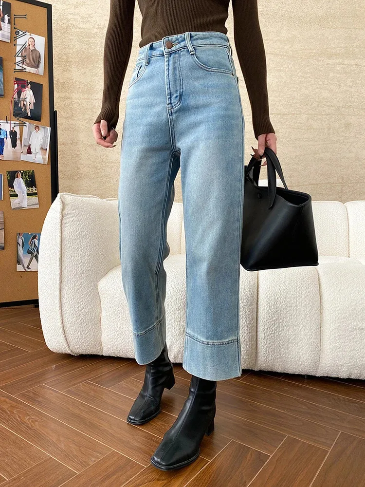 

[LANMREM] Spliced Design Thick Warm Jeans For Women High Waist Straight Denim Pants Office Lady Trousers 2024 Winter New 26C1229